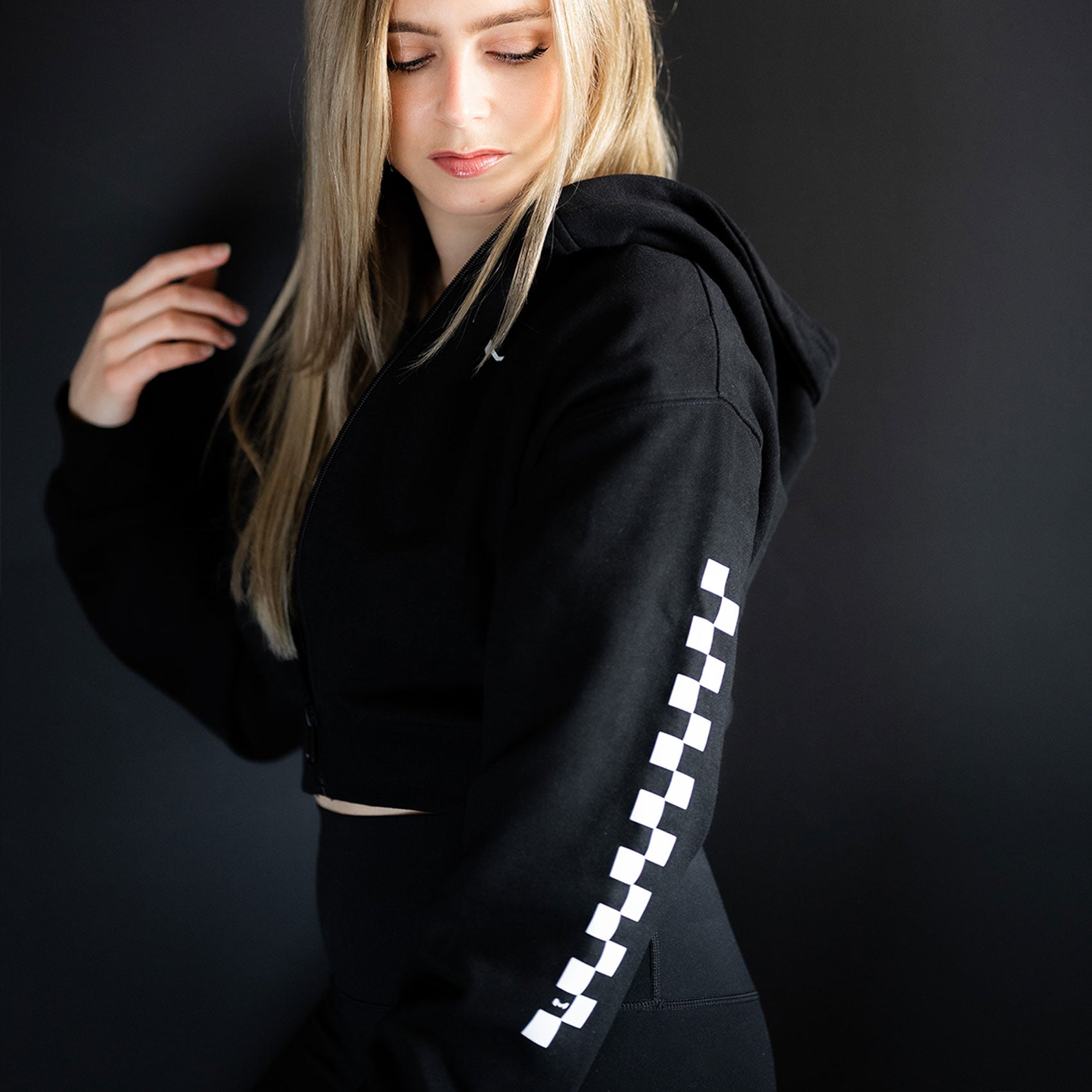 Moradness Checkered Cropped Zip Up Hoodie