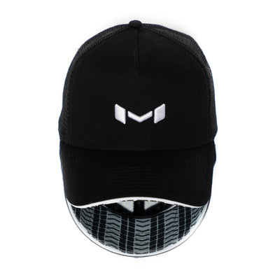 Black mesh snapback hat with a micro curved brim and a Moradness front raised embroidery