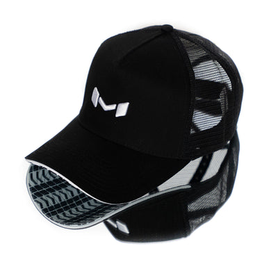 Black mesh breathable snapback hat with a micro curved brim and a Moradness front raised embroidery