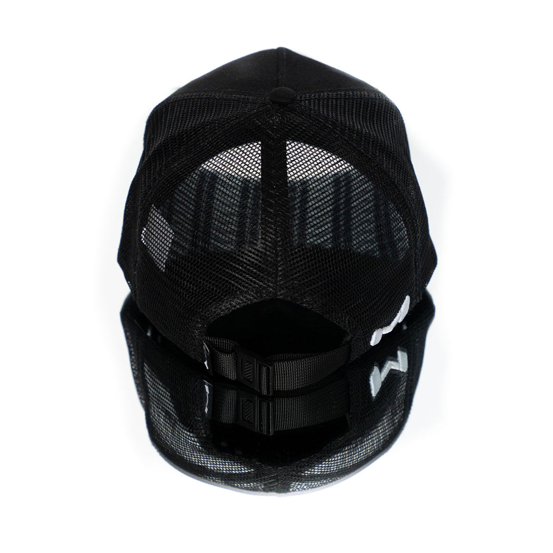 Back of the Air Flow Moradness black mesh back snapback hat with adjustable clip closure