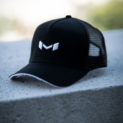 Moradness Air Flow Black mesh snapback hat with micro curved brim and 5 panels, trucker style