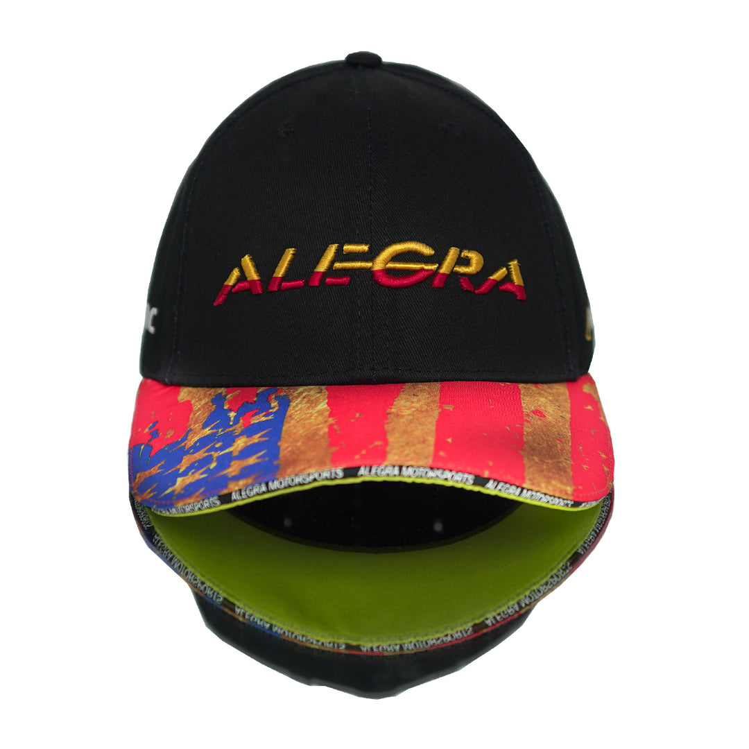 Alegra Motorsports team snapback hat with american flag printed on the top of the brim