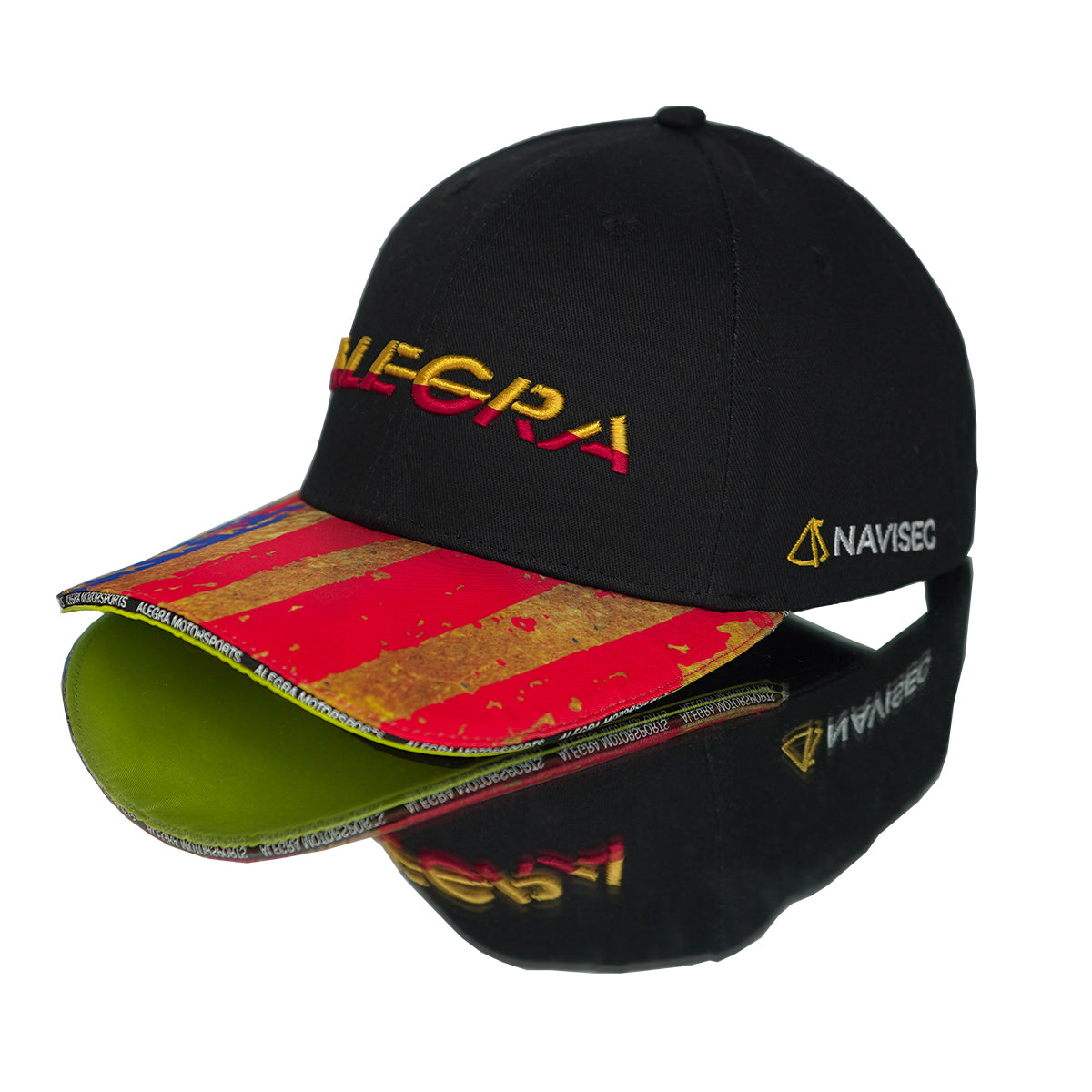 Alegra Motorsports team snapback hat with usa flag printed on the top brim and Navisec sponsor logo