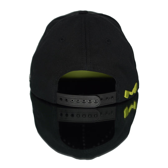 Alegra Motorsports team hat in black with neon yellow raised embroidery and snapback adjustable closure