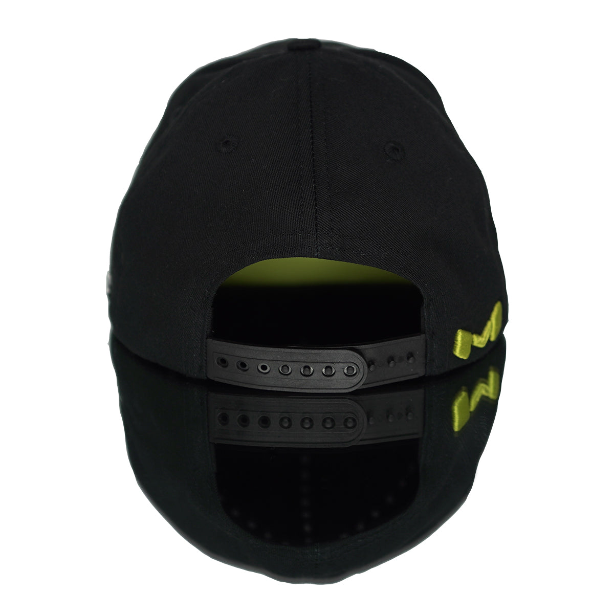 Alegra Motorsports team hat in black with neon yellow raised embroidery and snapback adjustable closure