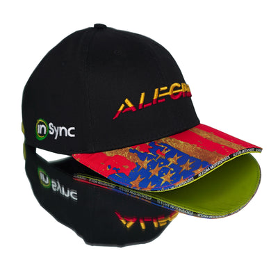Alegra Motorsports team hat with inSync sponsor logo and usa flag in gold, white and red