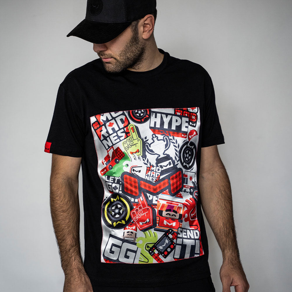 Moradness sticker bomb satin print soft cotton black t-shirt
