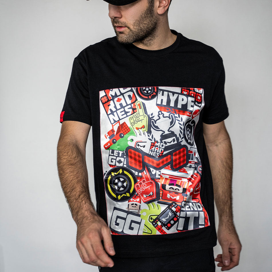 Moradness sticker bomb satin print soft cotton black t-shirt