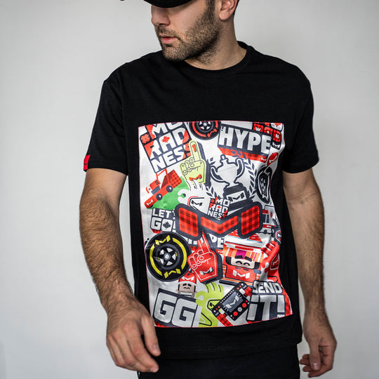 Moradness sticker bomb satin print soft cotton black t-shirt