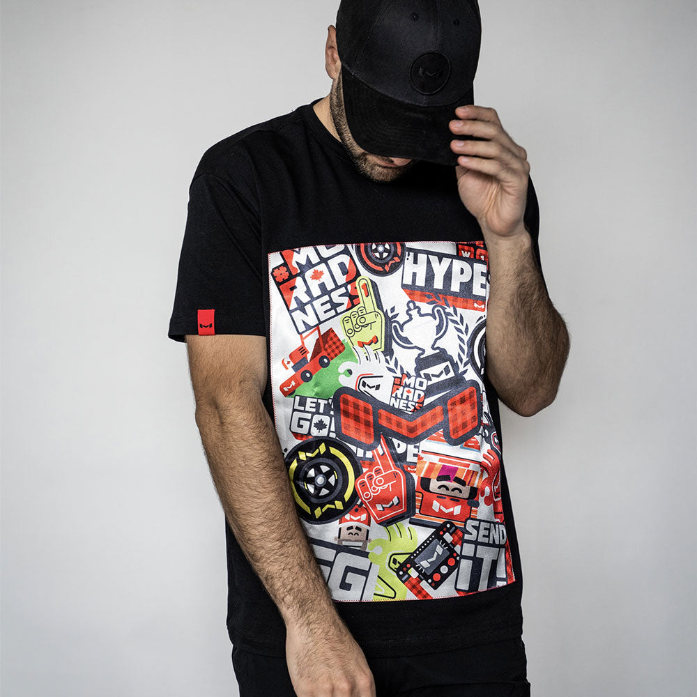 Moradness sticker bomb satin print soft cotton black t-shirt