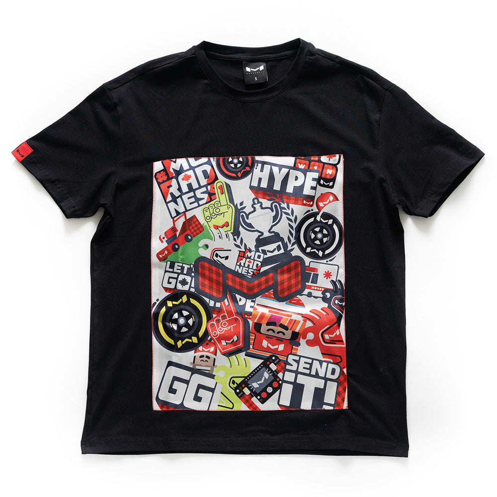 Moradness sticker bomb satin print soft cotton black t-shirt