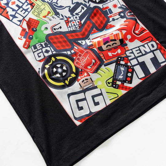 Moradness sticker bomb satin print soft cotton  black t-shirt