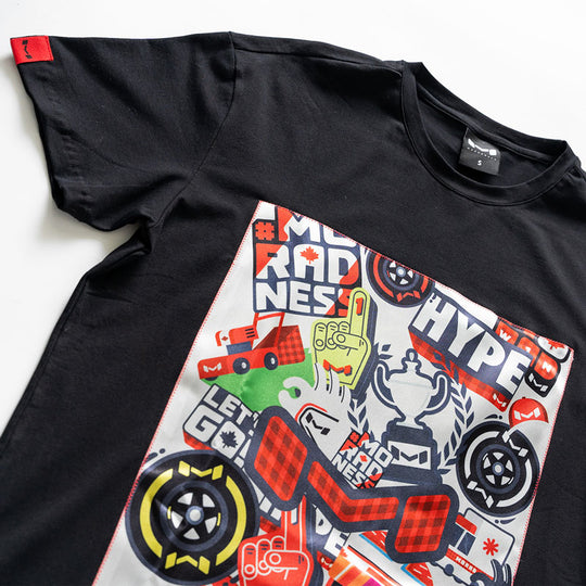 Moradness sticker bomb satin print soft cotton black t-shirt