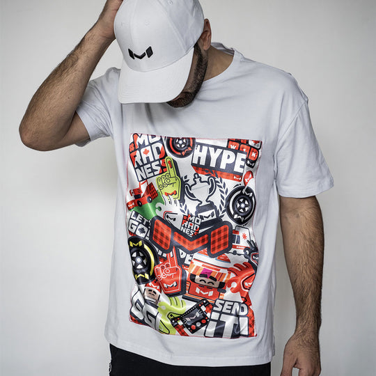 Moradness sticker bomb satin print soft cotton  white t-shirt