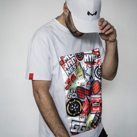 Moradness sticker bomb satin print soft cotton white t-shirt